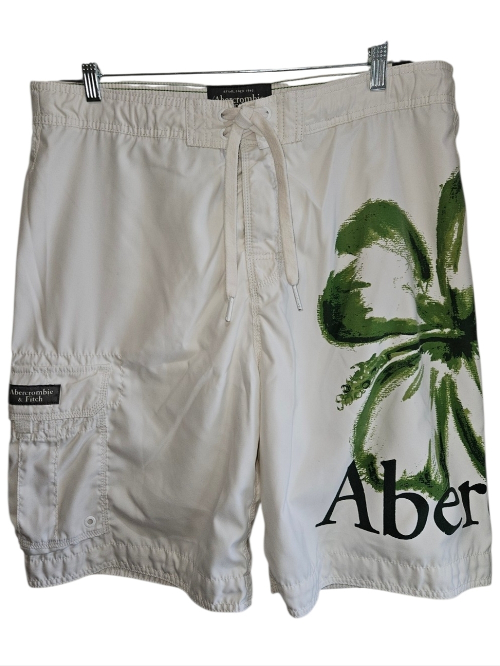 Y2K Abercrombie & Fitch White Swim Shorts Trunks Cargo Green Floral Mens XL